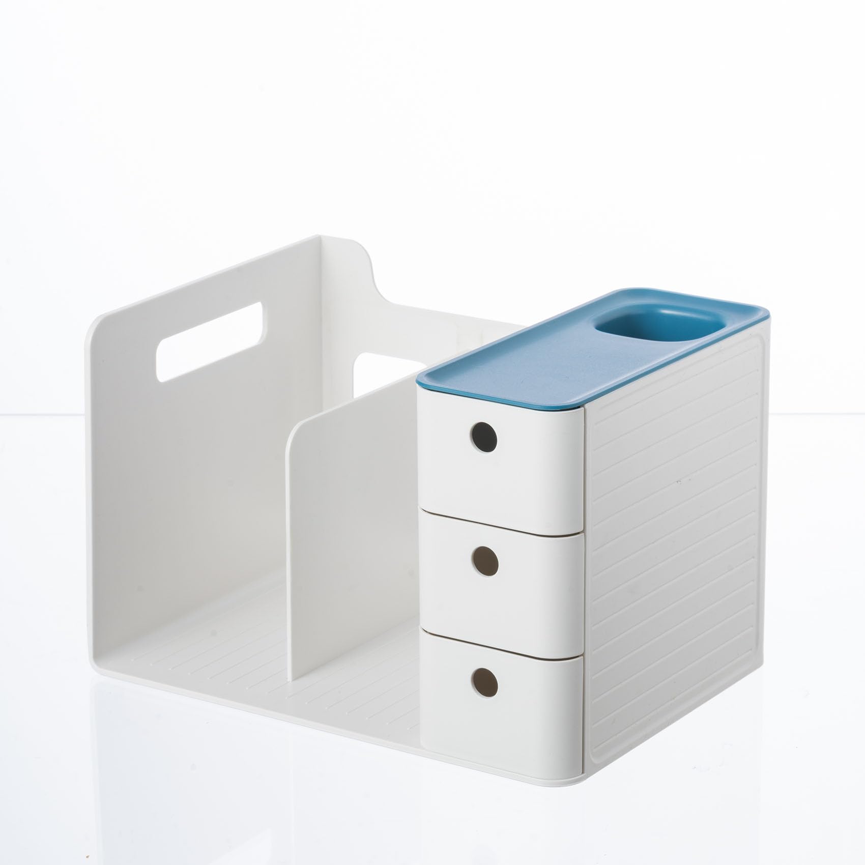 HKeeper White Plastic Desktop Organizer with File Holder,3-tier Drawers with Pen Holder,Book Stand for Office Supplies and Desk Accessories (White+