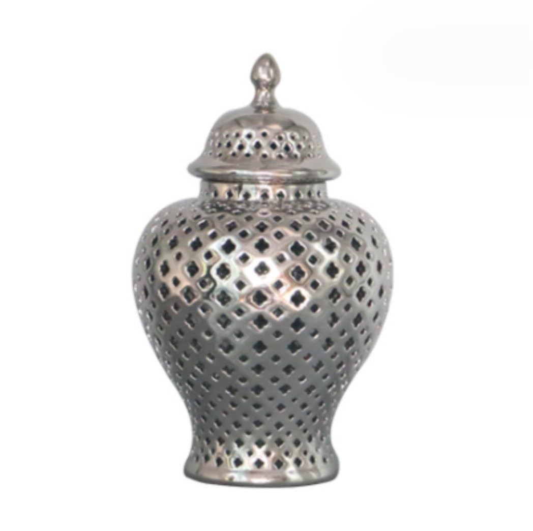 CVdrtyED Home Decor Vintage Ginger Jar With Lid Carved Lattice Decorative Temple Stunning Home Decor Intricate Ginger Jar(Silver,31 * 48cm)