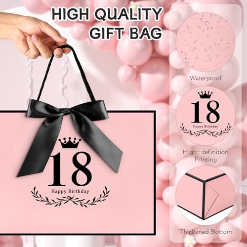 Image of JMANNI 18th Birthday Gift Bag, Pink with Black Satin Bow & Crown Design, Medium Happy 18th Birthday Present Bag for Party Favors, Size 12.60 inchx8.66 inchx4.33 inch