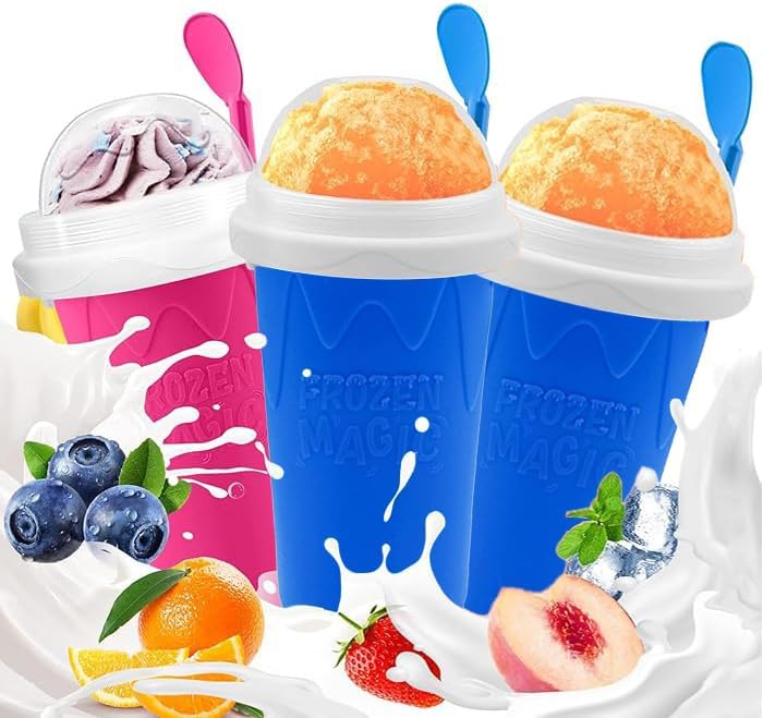 3 Packs Cooling Slushie Maker Cup, Quick Frozen Smoothies Cup, Double Layer Squeeze Slushy Maker Cup, Homemade Juice Milk Shake Ice Cream Maker DIY (2 Blue and 1 Red, 3 Cups)