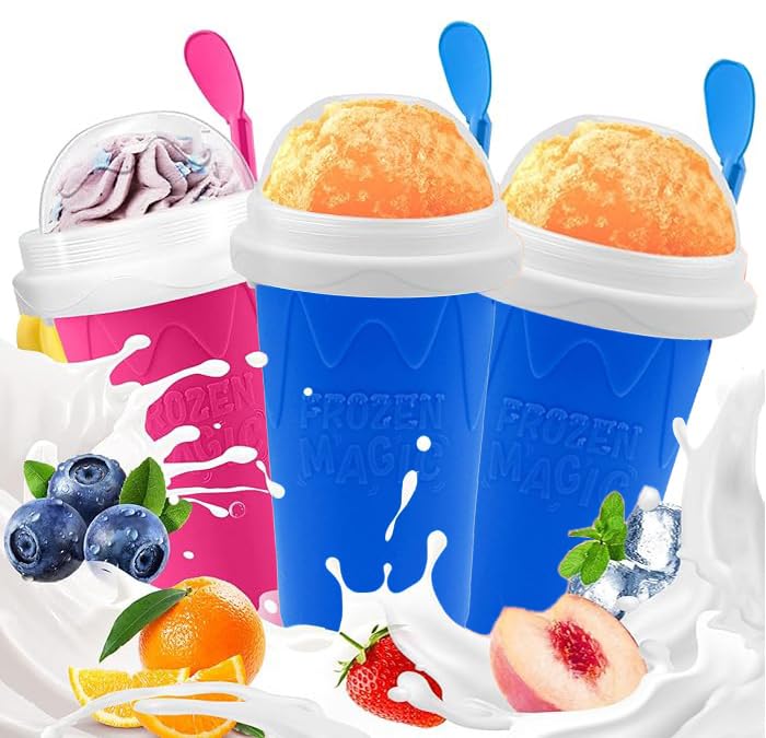 NOAEOU 3 Packs Cooling Slushie Maker Cup, Quick Frozen Smoothies Cup, Double Layer Squeeze Slushy Maker Cup, Homemade Juice Milk Shake Ice Cream Maker DIY (2 Blue and 1 Red, 3 Cups)