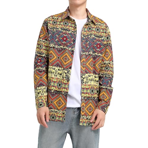 Allthemen Mens Dress Shirts Long Sleeve Funky Printed Linen Shirt Casual Shirt Fancy Floral Tops Unique Pattern, Geometric, XL