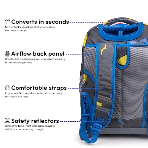 Image of J World Sunrise Kids Rolling Backpack with Wheels for Girls Boys, Roller Bookbag for School, 18 x 13 x 9 Inches, Liteboard