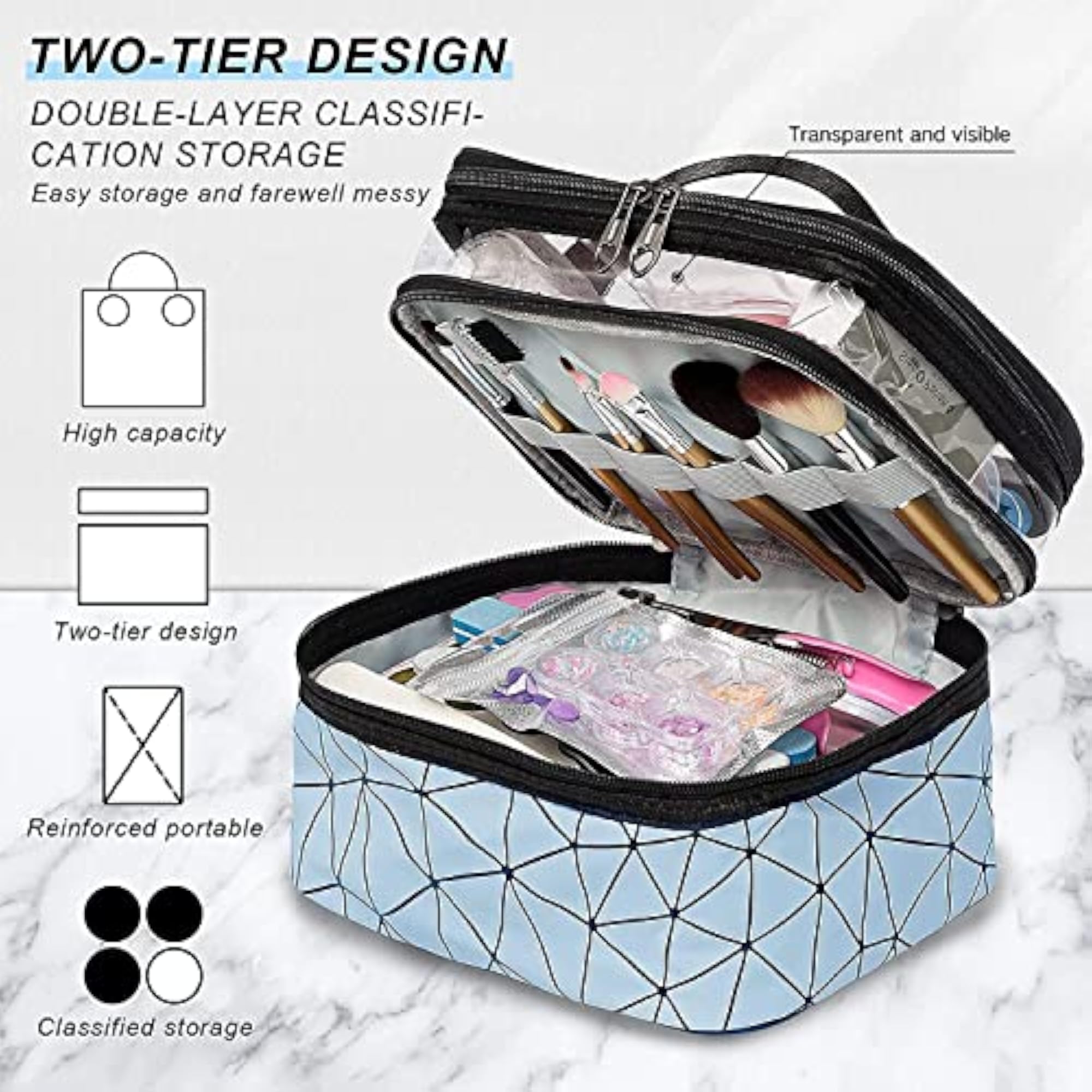 Cosmetic Pouch for Women, 2-Layer Transparent Makeup Organizer