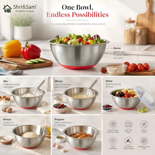Image of Shri & Sam Stainless Steel Anti Skid Mixing Bowl Ferro Red 1100 ML