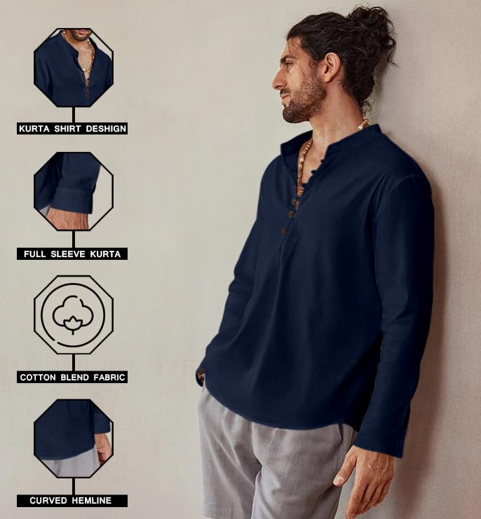 Royalscout Men's Cotton Solid Full Sleeve Short Kurta Shirt Navy