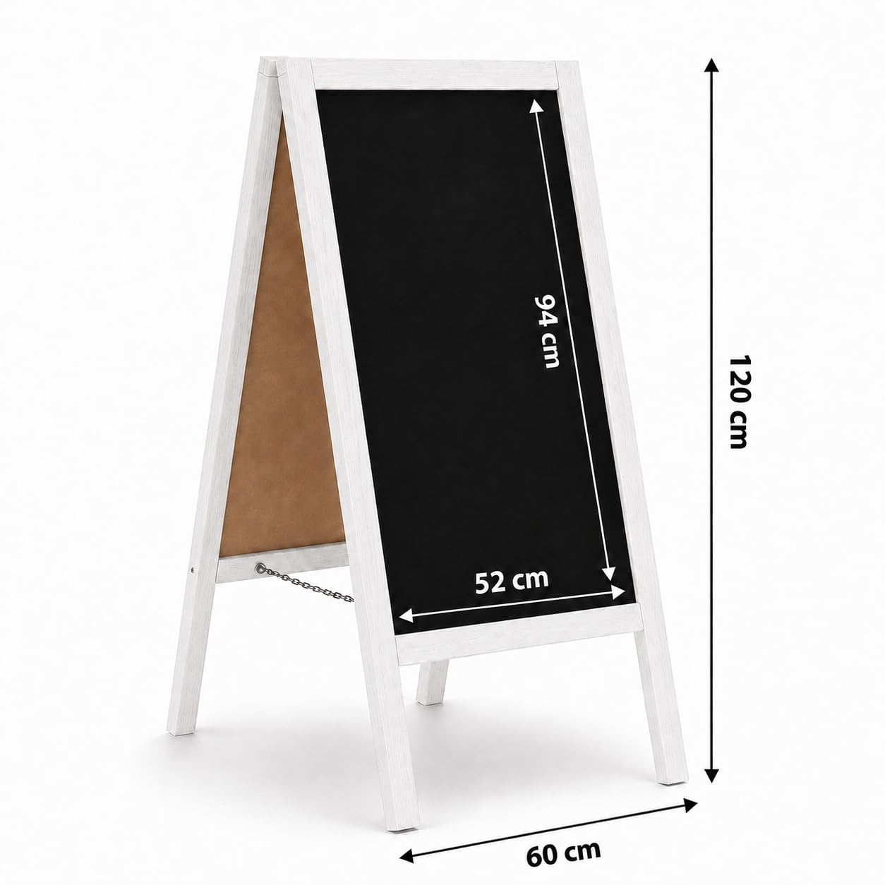 MG Design Pizarra caballete de madera 60 × 120 cm – pizarra negra de doble cara con marco blanco, plegable y fácil de limpiar, ideal para menú de bar, restaurante o tienda
