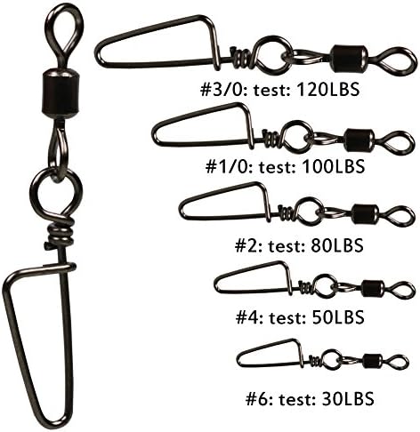 Sougayilang Fishing Rolling Swivel with Coast Lock Snap Stainless Steel Black Nickel Fish Swivels (#2-Test:80lbs-30pcs)