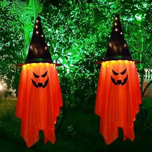 Szhhrxi 2 Piezas Decoracion Halloween Exterior Terror, Colgante Fantasma Decoración de Halloween,Halloween Decoracion Casa con Luces LED Pilas para Jardín Delantero, Terraza, Césped (Cheng)