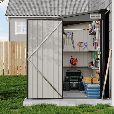 4×8 FT Lean to Storage Shed, Heavy-Duty Outdoor Metal Storage Shed, Garden Tool Metal StorageHouse W/Lockable Door and 2 Air Vents