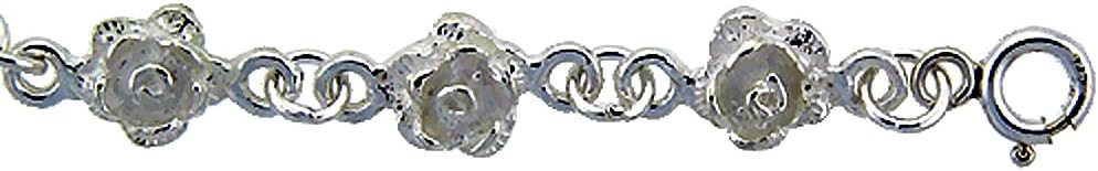 5/16 inch wide Sterling Silver Linked Rose Flower Charm Bracelet for Women 8mm fits 7-8 inch wrists