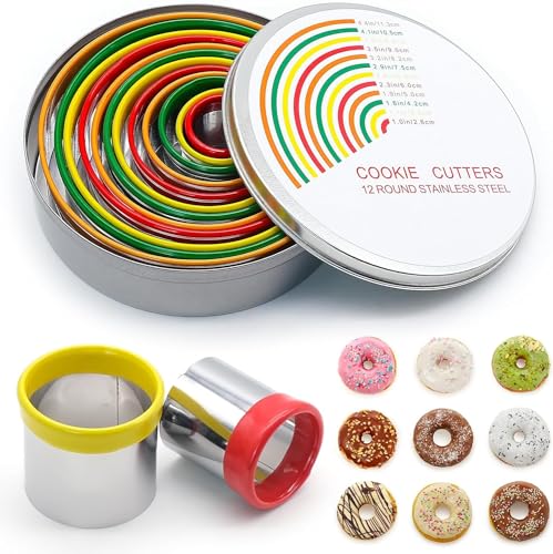 12 Stück Plätzchen Ausstecher Rund, Ringe Keksformen Cutter Set mit Aufbewahrungsbox Donut Ausstecher Edelstahl Cookie Cutter für Plätzchen, Gebäck, Mousse, Donut, Fondant, DIY Kuchen (12 Größen)