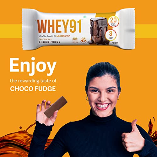 Image of WHEY91 Choco Fudge Protein Bar | 20G Protein & 3G Fibre Per Bar | Whey Protein | Immunity Booster Lactoferrin | No Added Preservatives |No Added Sugar |(Pack Of 6 Bars) 360 Gm