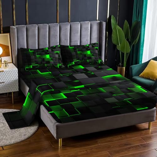 Geometry 4 Pieces Bed Sheet Sets Full Size,Green Black Bed