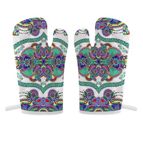 オーブンミット ペイズリー柄 和風 花柄 鍋つかみ オーブン手袋 耐熱ミトン オーブングローブ 断熱 使い勝手 耐久性 着脱簡単 防水 厚手 吊り下げループ付き シェフ用 キッチン用品 男女兼用 2枚セット