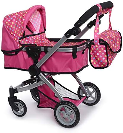 fash n kolor Foldable Pram for Baby Doll with Polka Dots Design with Swiveling Wheel Adjustable Handle