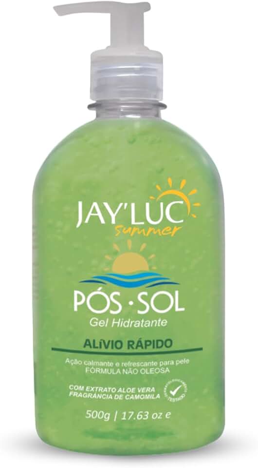 Gel Hidratante Pós-Sol Jay Luc 500G, Gel Pós Sol Hidratante Com Extrato De Aloe Vera, Verde, Todos Os Tipos De Pele, Alívio Rápido, Ação Calmante E Refrescante, Fórmula Não Oleosa, Com Válvula Pump