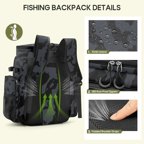 Image of RAINSMORE Fishing Backpack, 45L Large Water-resistant Fishing Tackle Bag