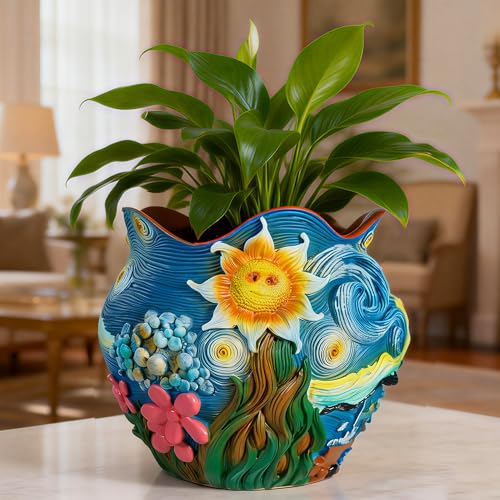 ArtCachet Sunflower Starry Sky Plant Pots-Cute Unique Flower Pots with Drainage Hole, Resin Planters for Indoor Outdoor Succulent Planter, Plant Gifts for Mother's Day, Birthday, Christmas(Colours) — view 3