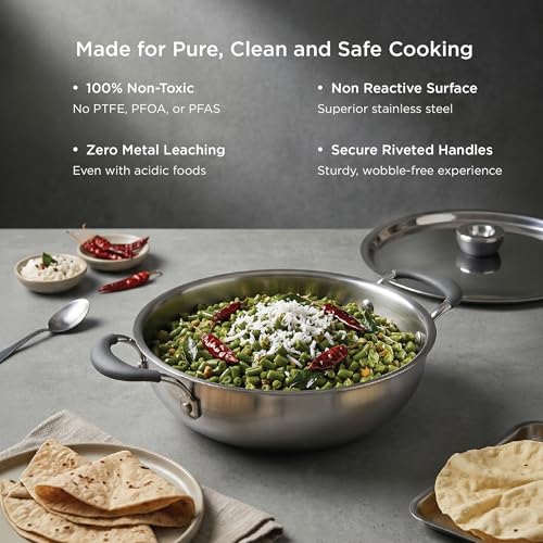Image of Meyer Trivantage Pro Stainless Steel Triply Kadai | Steel Kadhai with Lid | Stainless Steel Cookware with Induction Base | 22cm /2.0L