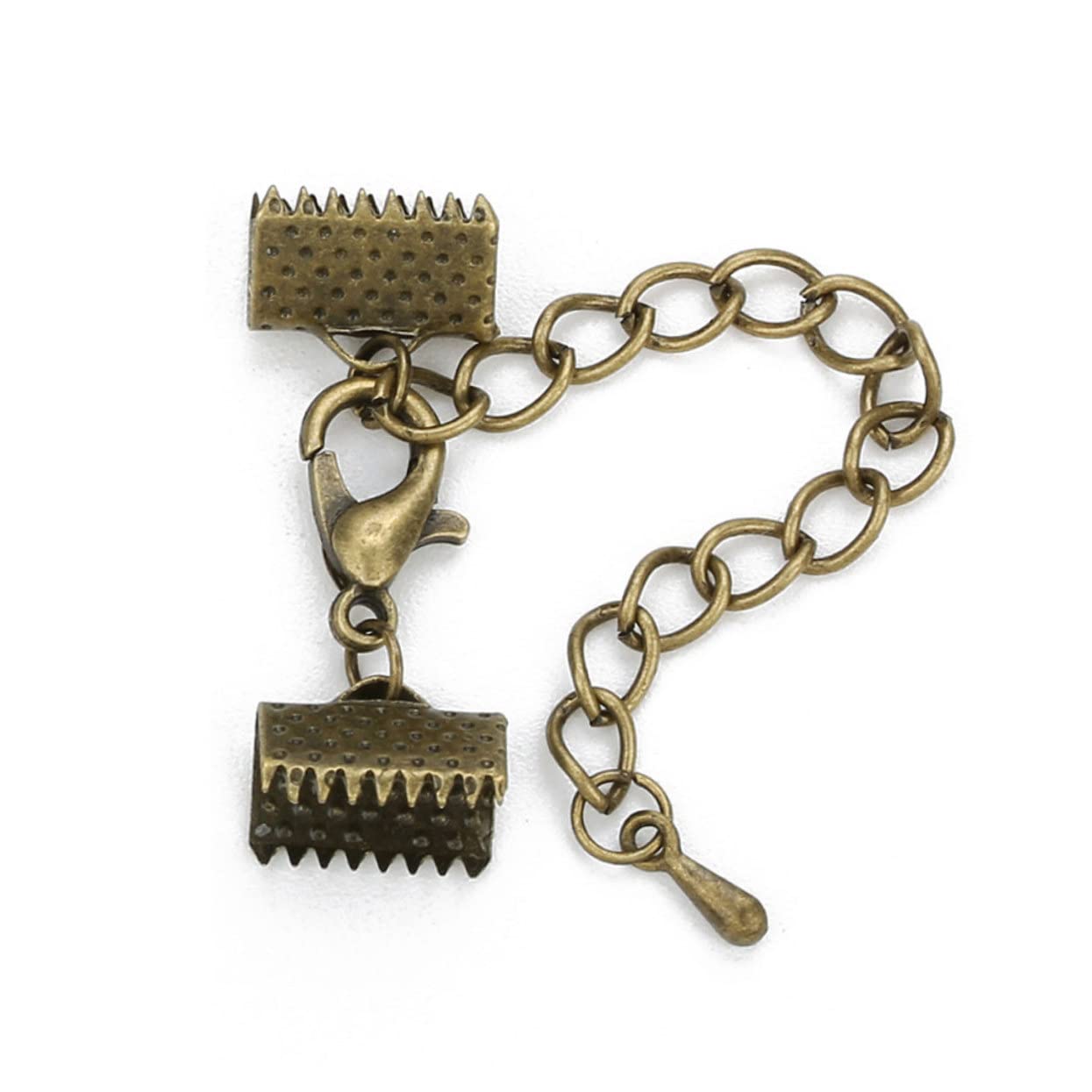 ERINGOGO 10mm Plated Ribbon Ends Clasps Textured Crimp End Clamps Elastic Cord Crimp for Jewelry Making DIY Charm Buckle 5cm Chain and 12mm Lobster Buckle