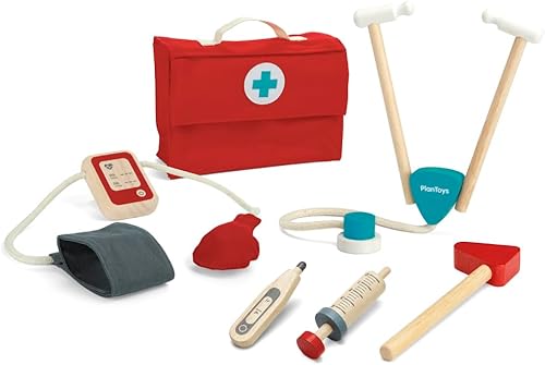 PlanToys Doctor Dr Set con estetoscopio de madera 3451 Hecho de madera de goma y pinturas y tintes no tóxicos