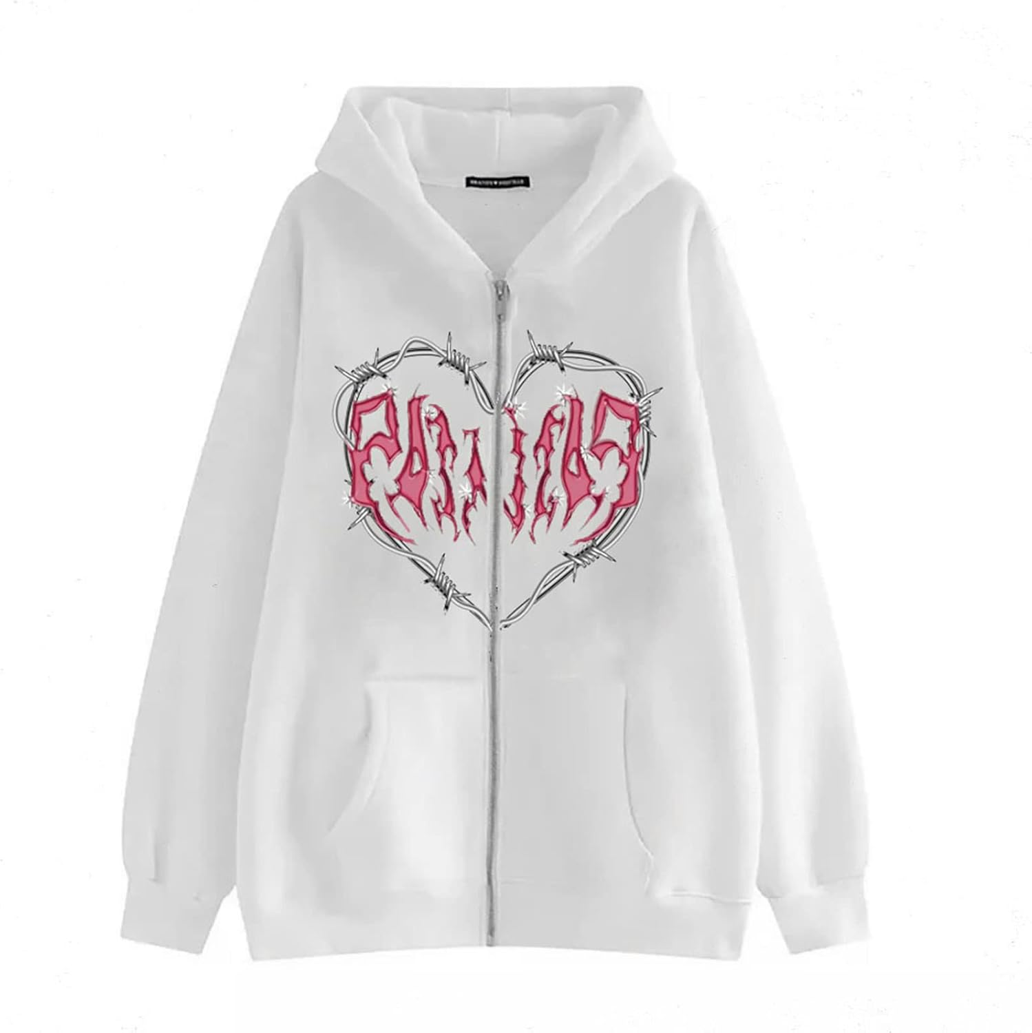 Sweat à Capuche Vintage Y2K Femme - Rose Clouté, Chaîne Croix, Fermeture Intégrale