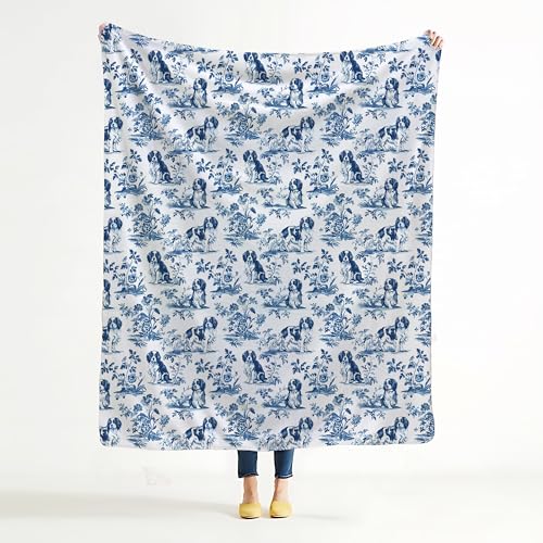 BUJSP Chinoiserie Cavalier King Charles Spaniel Blanket, Cavalier King Charles Spaniel Gifts, Blue...