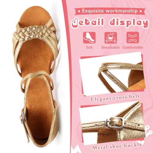 YKXLM Girls Latin Dance Shoes Kids Low Heels Tango Salsa Ballroom Practice Dance Shoes, 1208,Gold,13.5 M Little Kid3