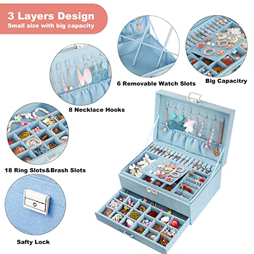 Qbestry Women Jewelry Organizer Box Skyblue Velvet Jewelry Box For Necklace And Earring Rings Bracelets Bangle Jewelry Box Organizer For Women Ladies Jewelry Display Storage Box Case With Lock Key #TOP1