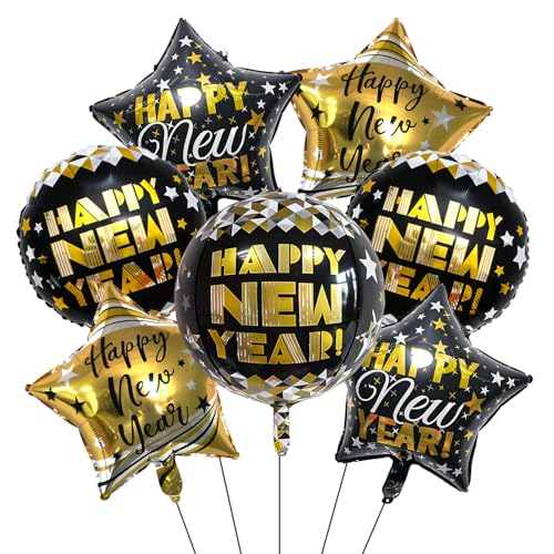 7pcs Black and Gold New Year Balloons 22inch 4D Balloon for New Year Eve Party Supplies Happy News Years Foil Balloons for News Years Decorations 2026