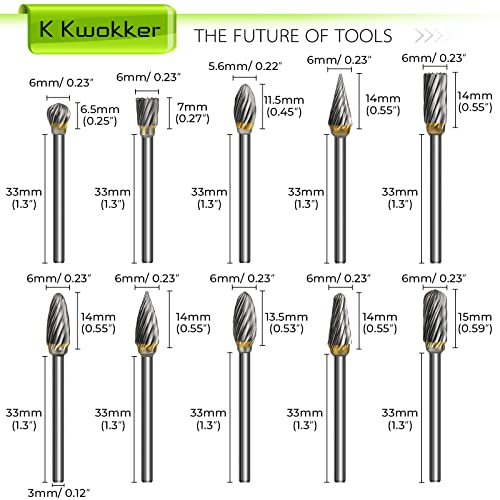 K Kwokker 20Pcs 1/8 Shank Tungsten Carbide Burr Set Diamond Files Hra85 Rotary Tool Accessory Kit, Accessories For Dremel Rotary Drill Air Die Grinder, Graving Tools For Metal Polishing, Wood Carving #TOP2