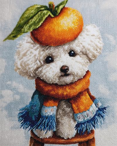Kit broderie point de croix chien blanc et fruits Rqwybcaxn canevas 9CT 50x70 cm