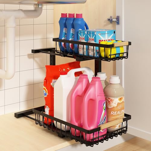 Image of REALINN Under Sink Organizer, Adjustable 2 Tier Pull Out Kitchen Bathroom