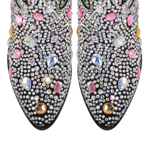 Image of Richealnana Sparkly Rhinestones Cowboy Cowgirl Style Boots Calf High Boots for Women 2INCH Heeled Shining Pull On Tabs