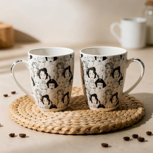 Image of U.P.C.Milk Mug Set of 2 | Ceramic & Bone China Coffee Milk Cups | Designer Printed Tea Coffee Mug Set | Large Capacity Milk Mugs | Microwave Safe Cup Set | Drinkware Gift Set (Women Face Print)