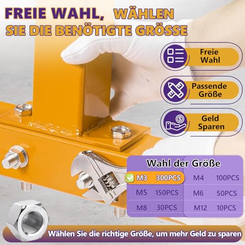 300 Stück M3 Sechskantmutter Edelstahl, A2 V2A Edelstahl Standard Sechskant Mutter Set, Edelstahlmutter Hex Nut Regelgewinde Mutter für Schrauben, Unterlegscheiben