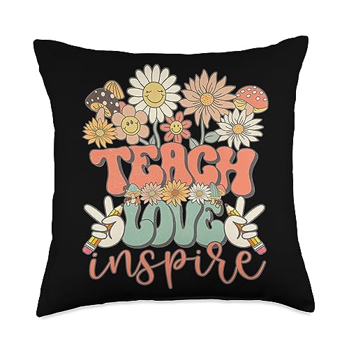 Teach Love Inspire Retro Groovy Daisy Back To School Teacher Throw Pillow