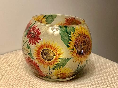 Romance Lights Tealight Candle Holder - Handmade Round Glass - with Flameless Flickering LED Candle - Floral Design - 5" x 4" (Yellow Sunflower Field, 4 inch high by 5 inch Wide Round)