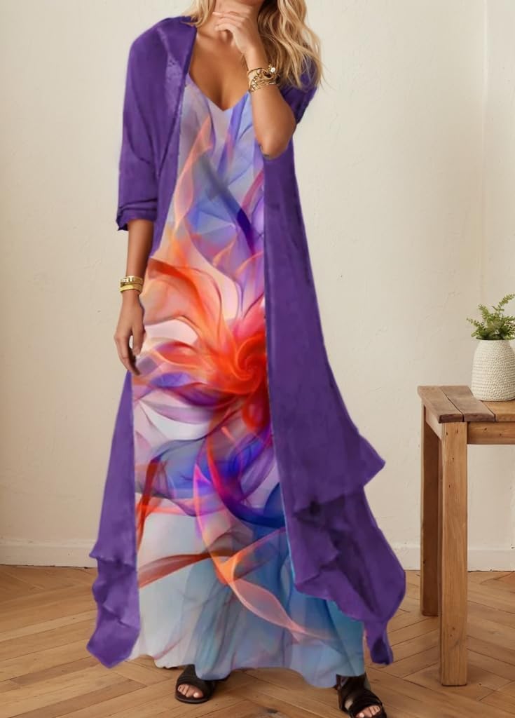 Akivide Womens's Casual 2 Piece Set Boho Floral Print Maxi Dress with Cardigan Flowy Chiffon Wedding Guest Dresses for Women - Image 2