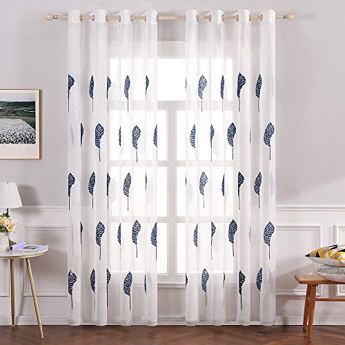 MIULEE Cortinas de Salon Modernas con Bordado de Hojas, Cortinas Dormitorio Translucidas 2 Piezas con Ojales, Decorativas Visillos para Ventanas Habitacion (A140xL245cm, Hojas Blancas y Azul Oscuro)