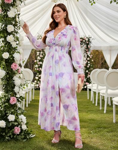 Image of EYWOL Wedding Guest Dresses for Women Long Sleeve Chiffon Floral with Slit | Maxi\Midi, Long, V Neck, A-Line, Chiffon, Elastic Waist, Flowy, Boho, Western, Fall, Flattering, Elegant, Curvy, Maternity,
