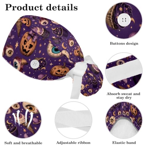 Image of Butterfly Scrub Cap Women with Ponytail & Buttons Adjustable Surgical Nurse Hat with Cotton Sweatband for Long Hair