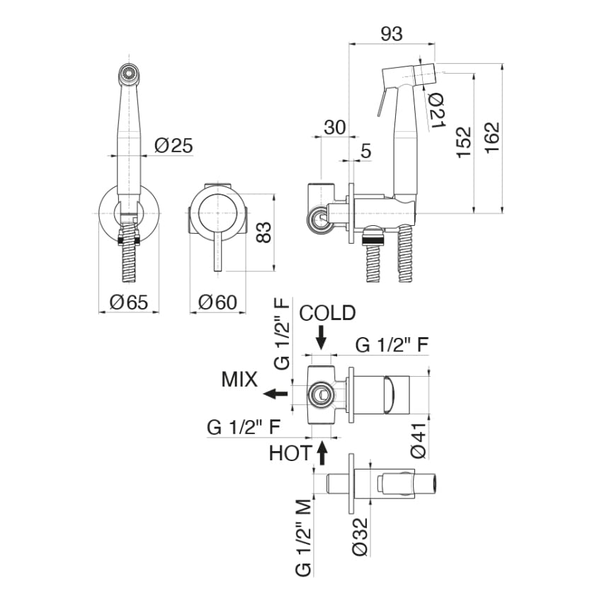 Miscelatore monocomando per WC e Bidet, con Supporto, Flessibile e doccino Inox