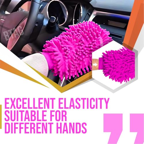 Image of Btag Double Sided Microfibre Wash Mitt Cleaning Gloves (2 Pcs, 2400 GSM, Size 26 X 19 Cm, Extra Large, Super Absorbent, Big Chenille Mitt Glove) (Pink)