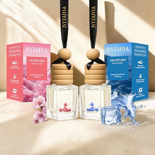 Image of Nytarra Car Perfumes Luxury Combo- Pink Bloom & Aqua Mirage | No-Alcohol & Long-Lasting Car Fragrance Diffuser, Best Car Air Freshener, Premium Scent Hanging Pod