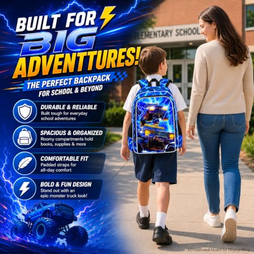 Image of 17 inch Truck Backpack, Boys Lightning Kids Bookbag with Lunch Box, 3Pcs School Backpacks for Elementary Preschool Kindergarten (Blue)