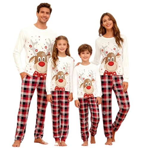 Kobilee Pigiama Natalizio Per La Famiglia con Simpatico Renna, Maglietta a Maniche Lunghe e Pantaloni, Pigiama Natalizio Coordinati Due Pezzi, Pigiami di Natale per Tutta la Famiglia