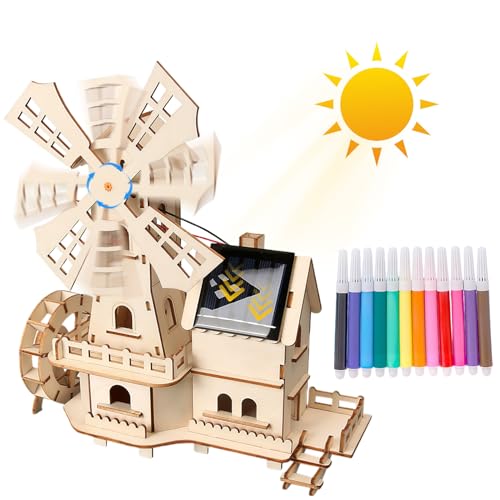 Solarbetriebenes 3D Holzpuzzle,DIY Montage holzbausatz mit Windmühle,Modellbausatz,Kreatives Modellbauprojekt,Wissenschaftliches Lernspiel für Jungen und Mädchen Alter 8-12