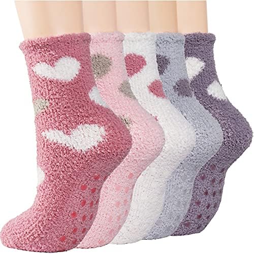 Free Yoka Fuzzy Slipper Socks for Women Fluffy Warm Non Slip Cozy Socks with Grips Winter Girls Soft Socks 5 Pairs Valentine’s Day Gift